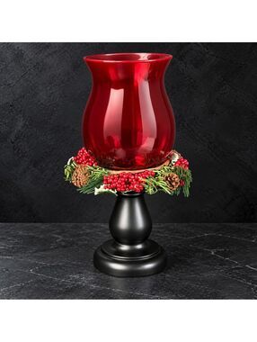 New Cracker Barrel Holiday Garden Red Glass Hurricane Candle Holder 14" in Box